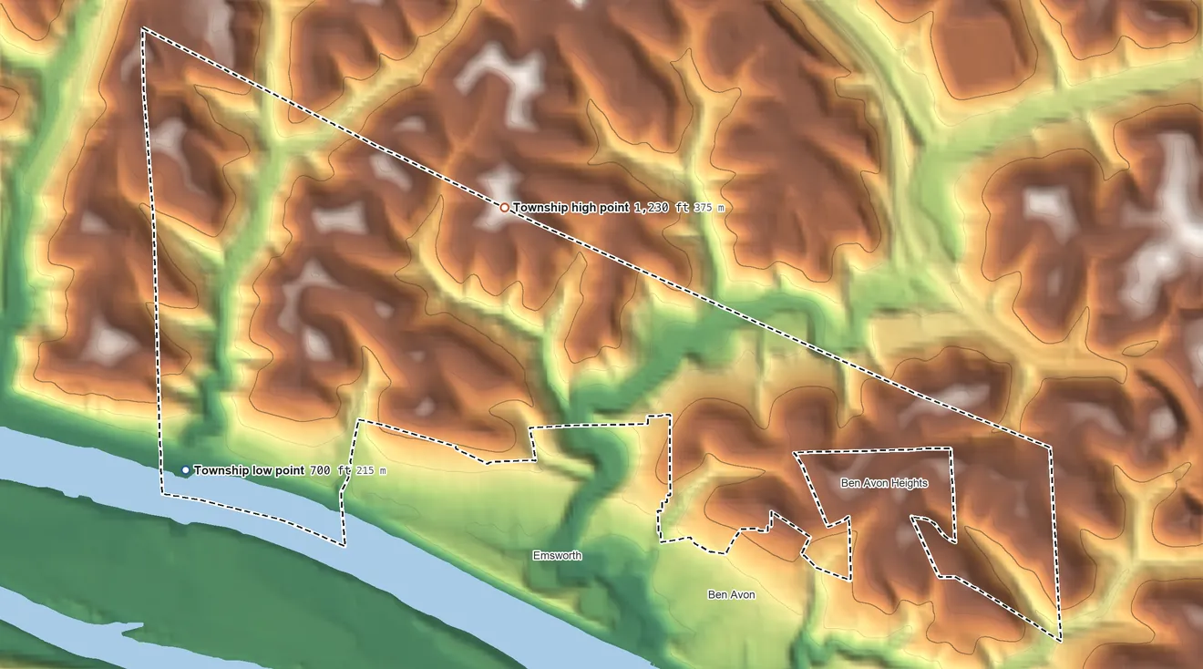 Topographic elevation map of Kilbuck Township, Pennsylvania, shaded from 700 ft on the west side to 1,230 ft on the northwest side