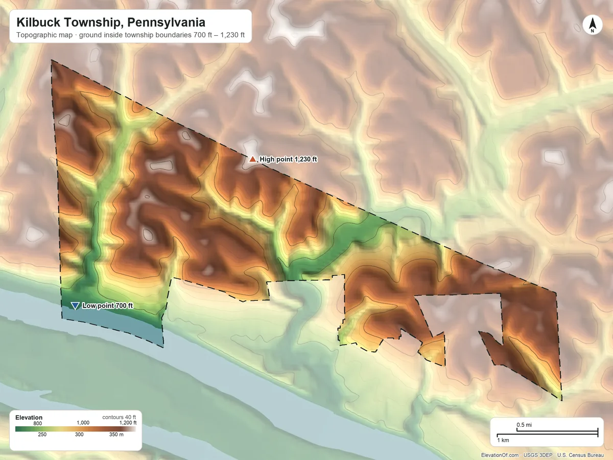 Topographic elevation map of Kilbuck Township, Pennsylvania, shaded from 700 ft on the west side to 1,230 ft on the northwest side