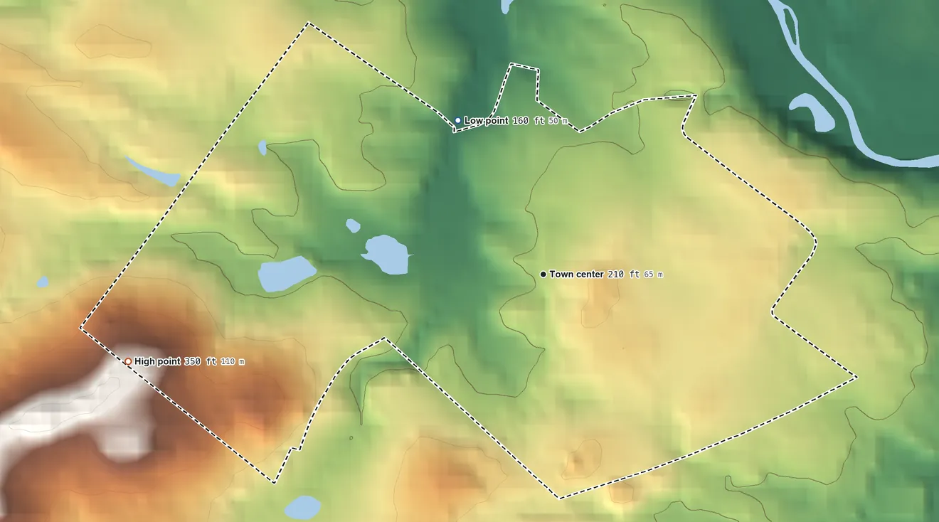 Topographic elevation map of Kimberton, Pennsylvania, shaded from 160 ft on the northwest side to 350 ft on the west side