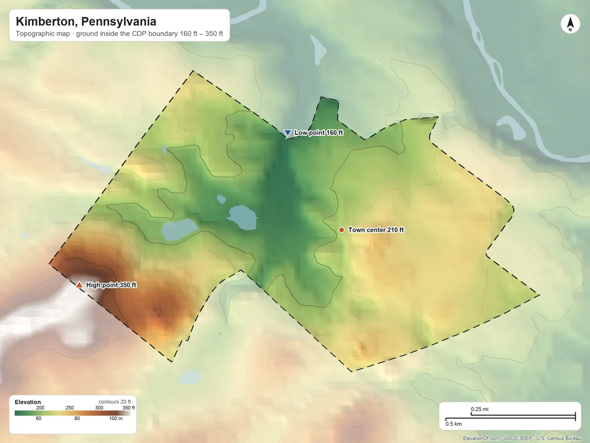 Topographic elevation map of Kimberton, Pennsylvania, shaded from 160 ft on the northwest side to 350 ft on the west side