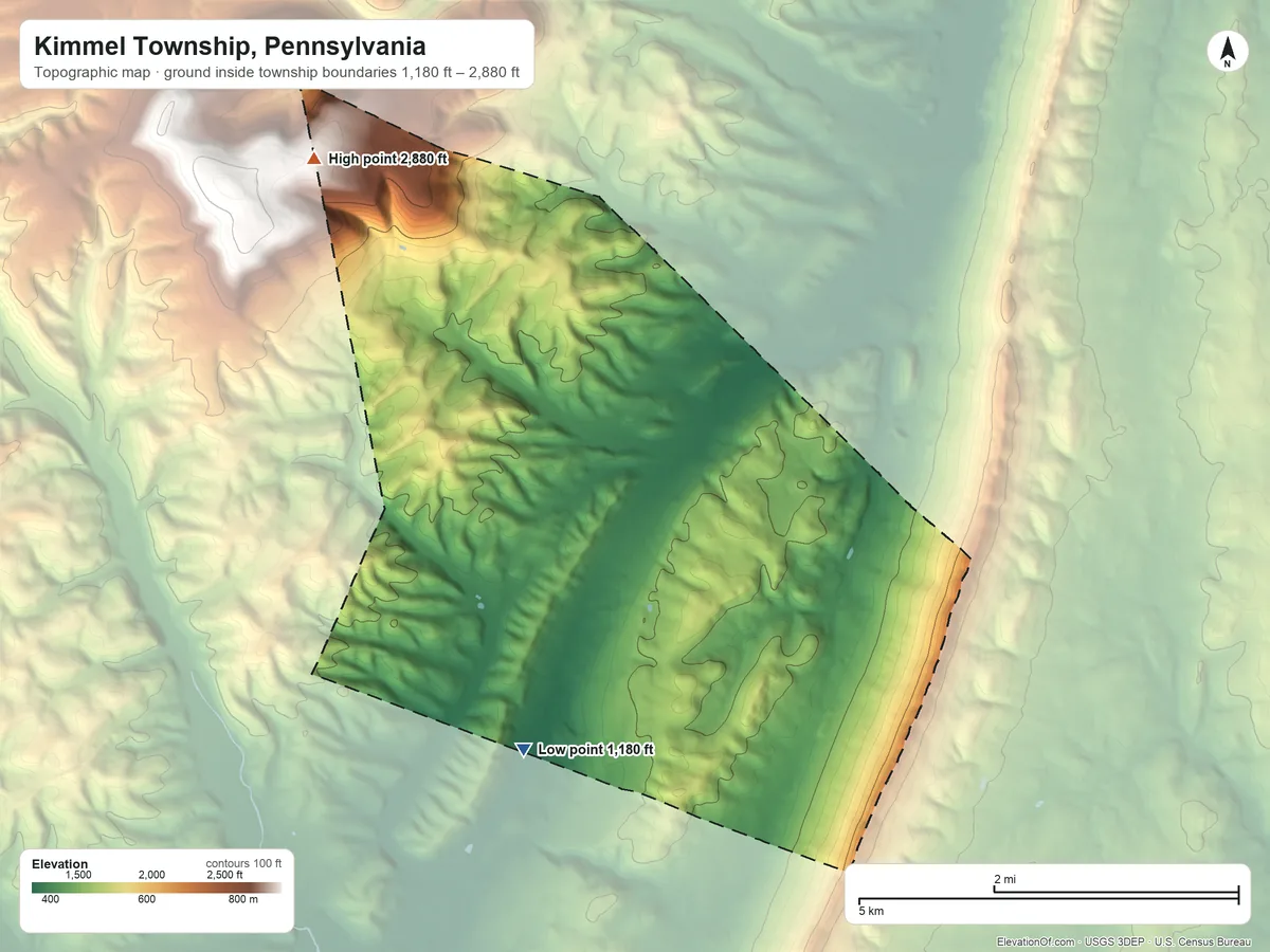 Topographic elevation map of Kimmel Township, Pennsylvania, shaded from 1,180 ft on the south side to 2,880 ft on the northwest side