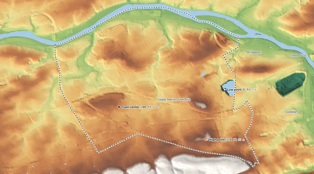 Topographic elevation map of King of Prussia, Pennsylvania, shaded from 8 ft on the east side to 310 ft on the east side
