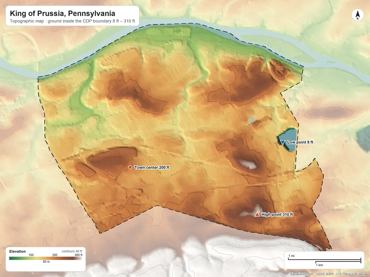 Topographic elevation map of King of Prussia, Pennsylvania, shaded from 8 ft on the east side to 310 ft on the east side