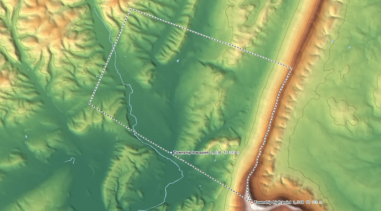 Topographic elevation map of King Township, Pennsylvania, shaded from 1,130 ft on the south side to 2,540 ft on the southeast side