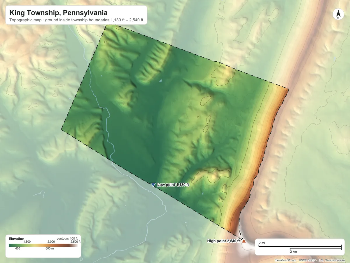 Topographic elevation map of King Township, Pennsylvania, shaded from 1,130 ft on the south side to 2,540 ft on the southeast side