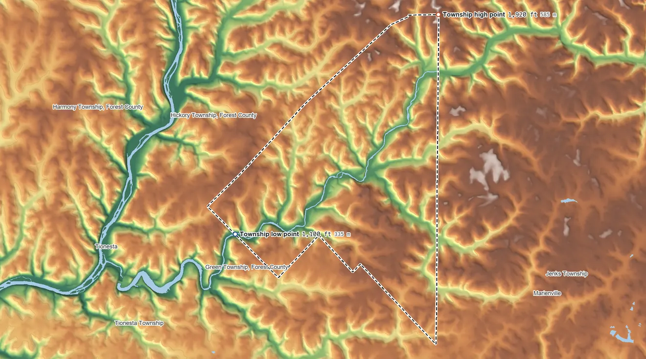 Topographic elevation map of Kingsley Township, Pennsylvania, shaded from 1,100 ft on the southwest side to 1,920 ft on the northeast side