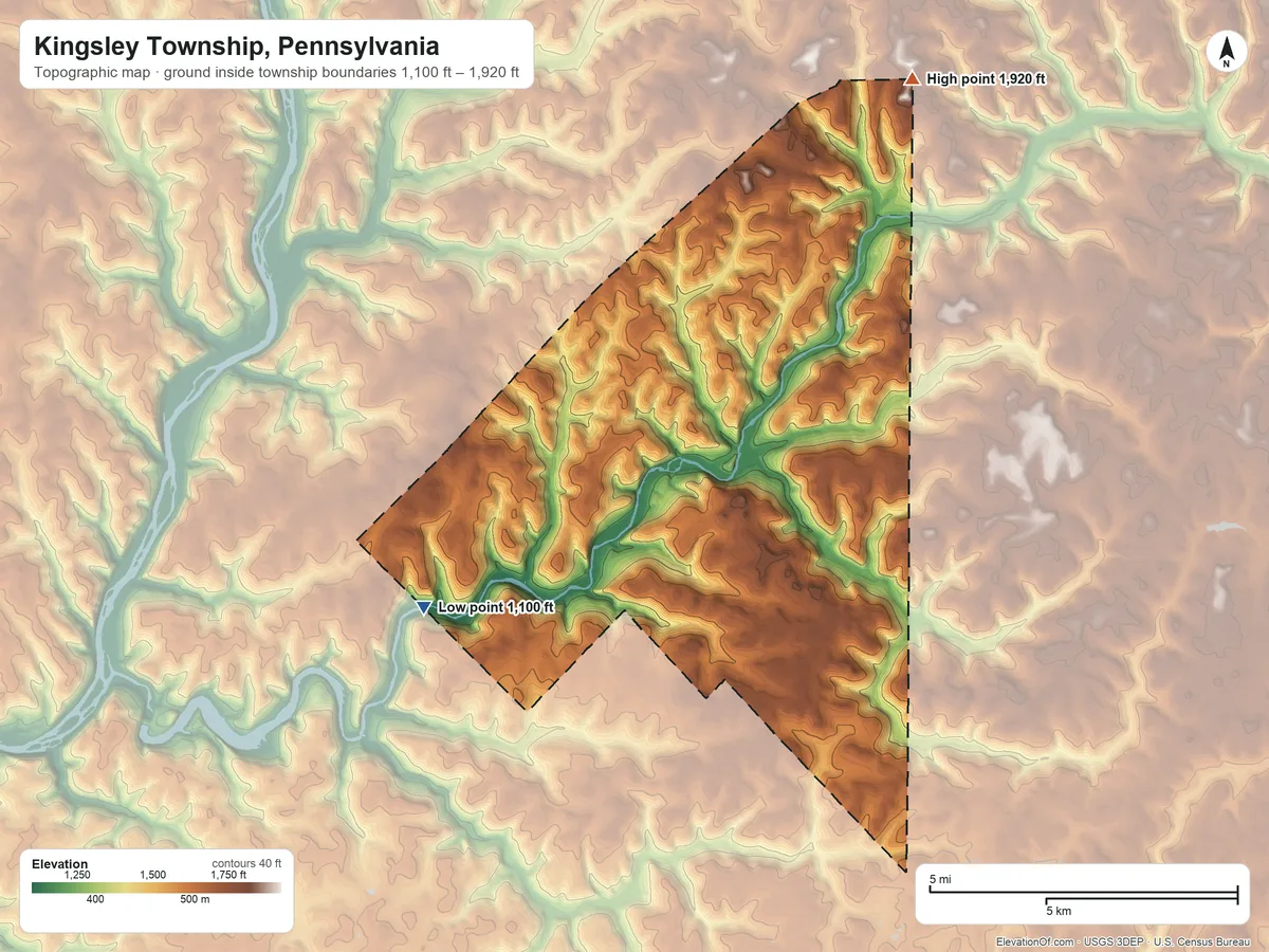 Topographic elevation map of Kingsley Township, Pennsylvania, shaded from 1,100 ft on the southwest side to 1,920 ft on the northeast side