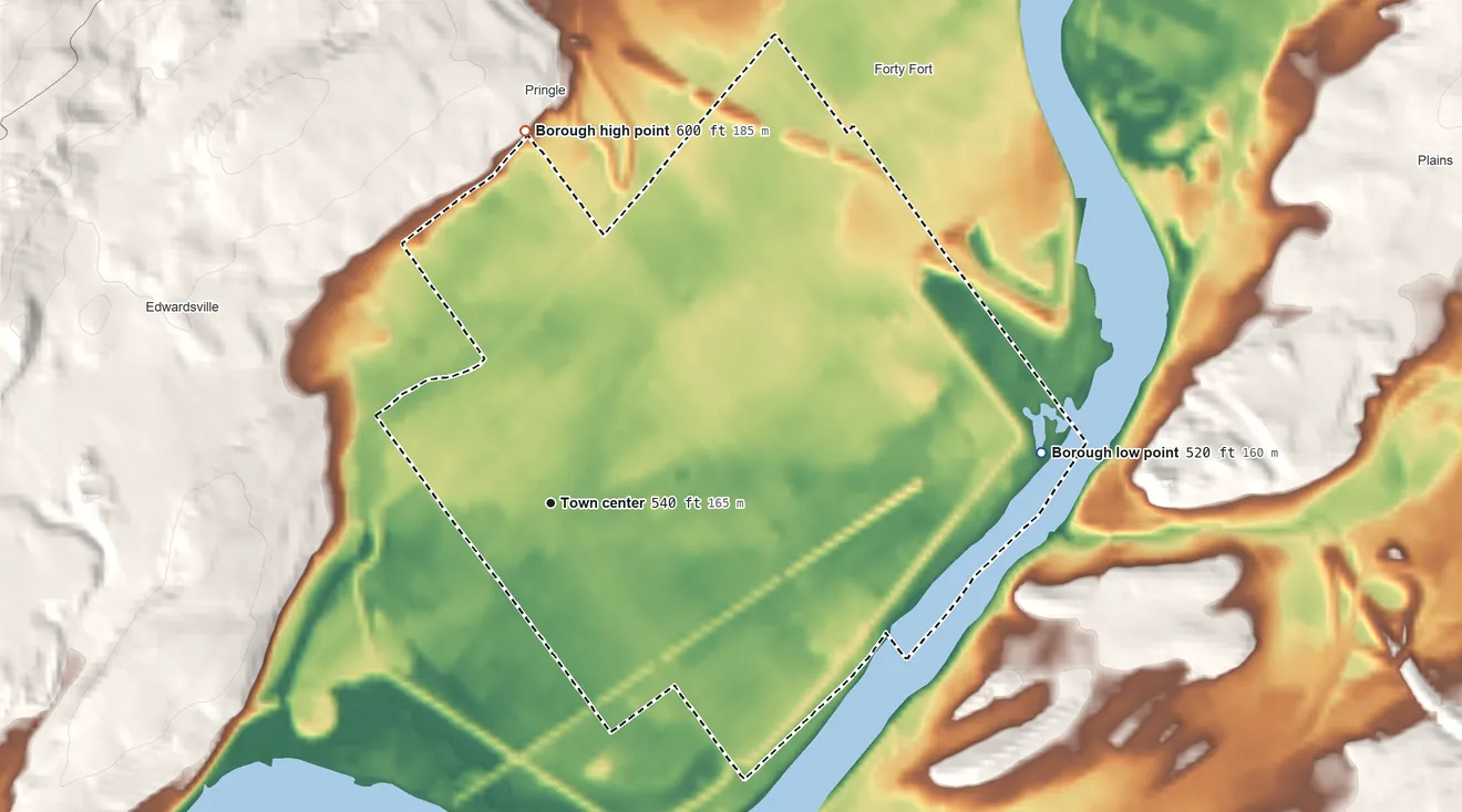 Topographic elevation map of Kingston, Pennsylvania, shaded from 520 ft on the east side to 600 ft on the north edge, below higher ground just outside