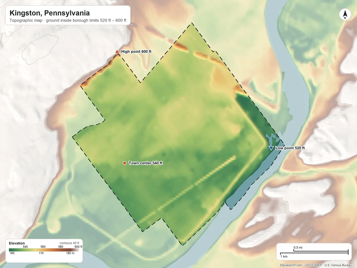 Topographic elevation map of Kingston, Pennsylvania, shaded from 520 ft on the east side to 600 ft on the north edge, below higher ground just outside