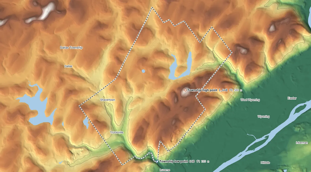 Topographic elevation map of Kingston Township, Pennsylvania, shaded from 640 ft on the southeast side to 1,640 ft on the east side