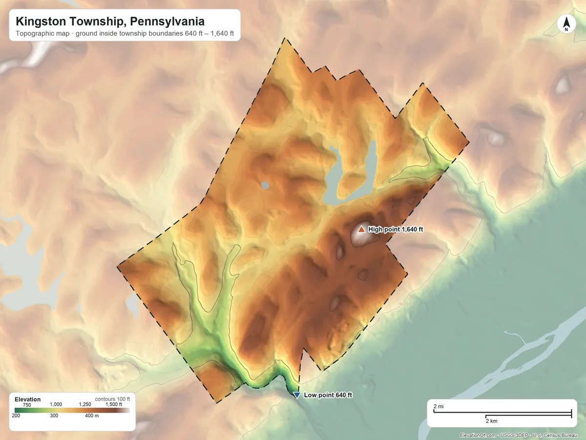 Topographic elevation map of Kingston Township, Pennsylvania, shaded from 640 ft on the southeast side to 1,640 ft on the east side