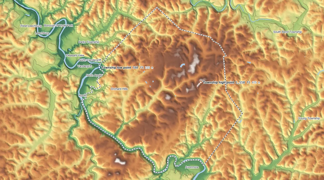 Topographic elevation map of Kiskiminetas Township, Pennsylvania, shaded from 780 ft on the west side to 1,550 ft on the east side