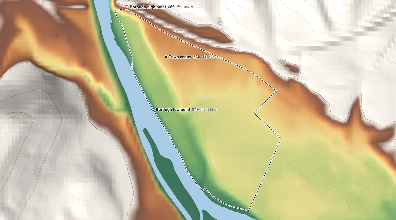 Topographic elevation map of Kistler, Pennsylvania, shaded from 540 ft on the south side to 600 ft on the northwest edge, below higher ground just outside