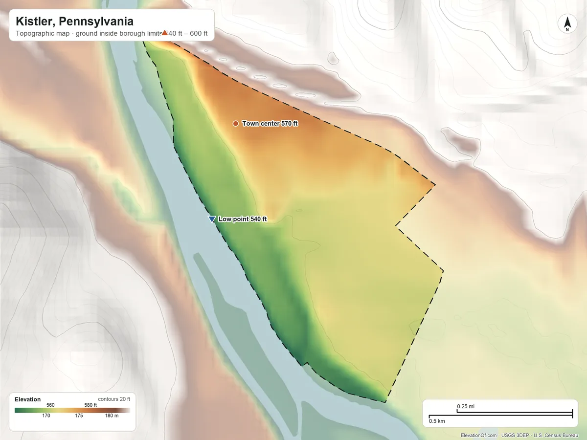 Topographic elevation map of Kistler, Pennsylvania, shaded from 540 ft on the south side to 600 ft on the northwest edge, below higher ground just outside