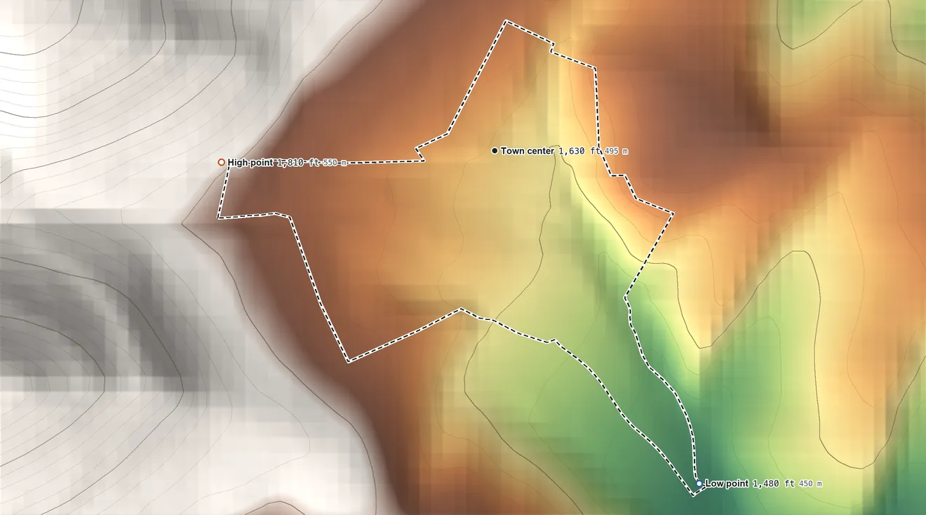 Topographic elevation map of Klahr, Pennsylvania, shaded from 1,480 ft on the southeast side to 1,810 ft at the foot of the Tussey Mountain