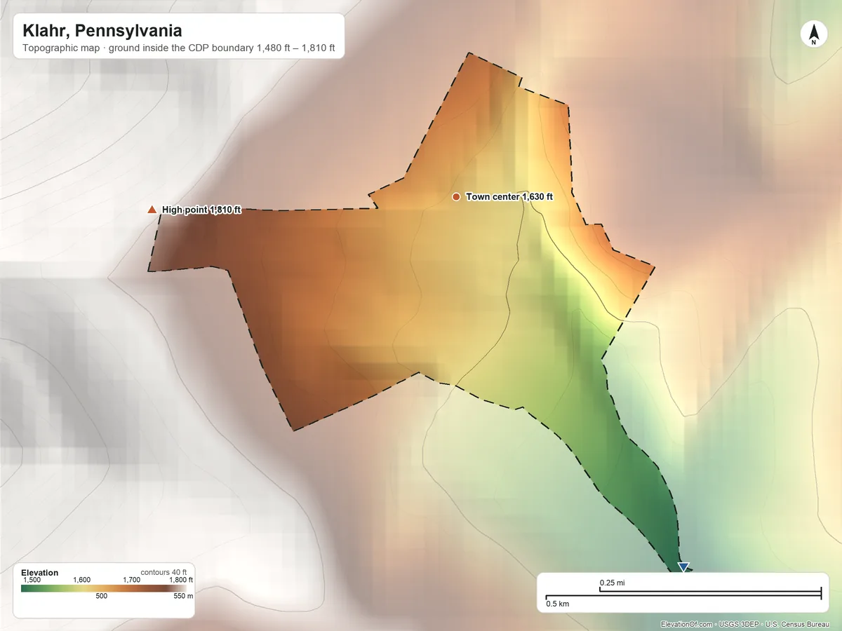 Topographic elevation map of Klahr, Pennsylvania, shaded from 1,480 ft on the southeast side to 1,810 ft at the foot of the Tussey Mountain