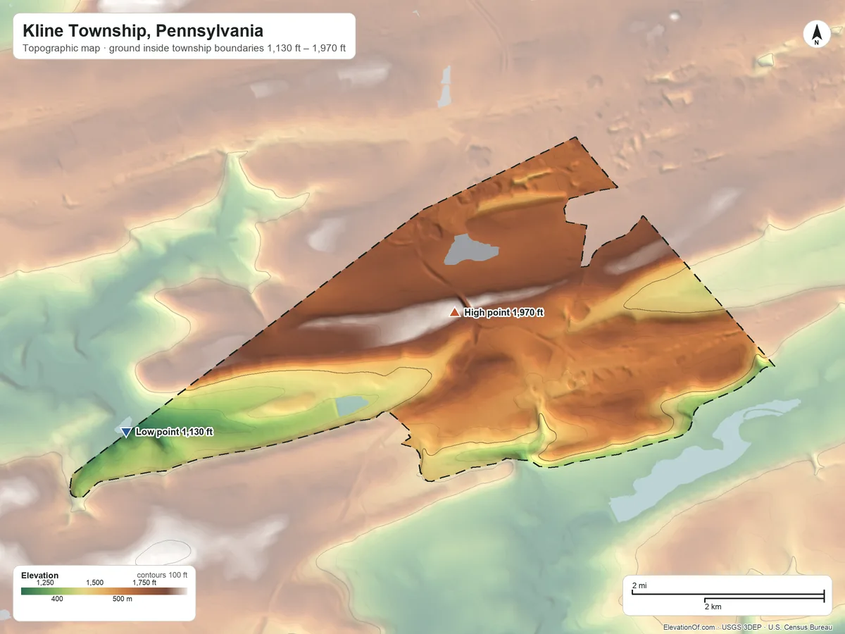 Topographic elevation map of Kline Township, Pennsylvania, shaded from 1,130 ft on the west side to 1,970 ft on Spring Mountain
