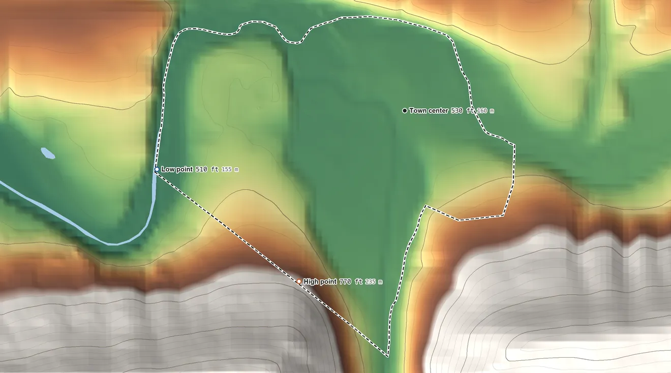 Topographic elevation map of Klingerstown, Pennsylvania, shaded from 510 ft on the west side to 770 ft on the southwest edge, below higher ground just outside