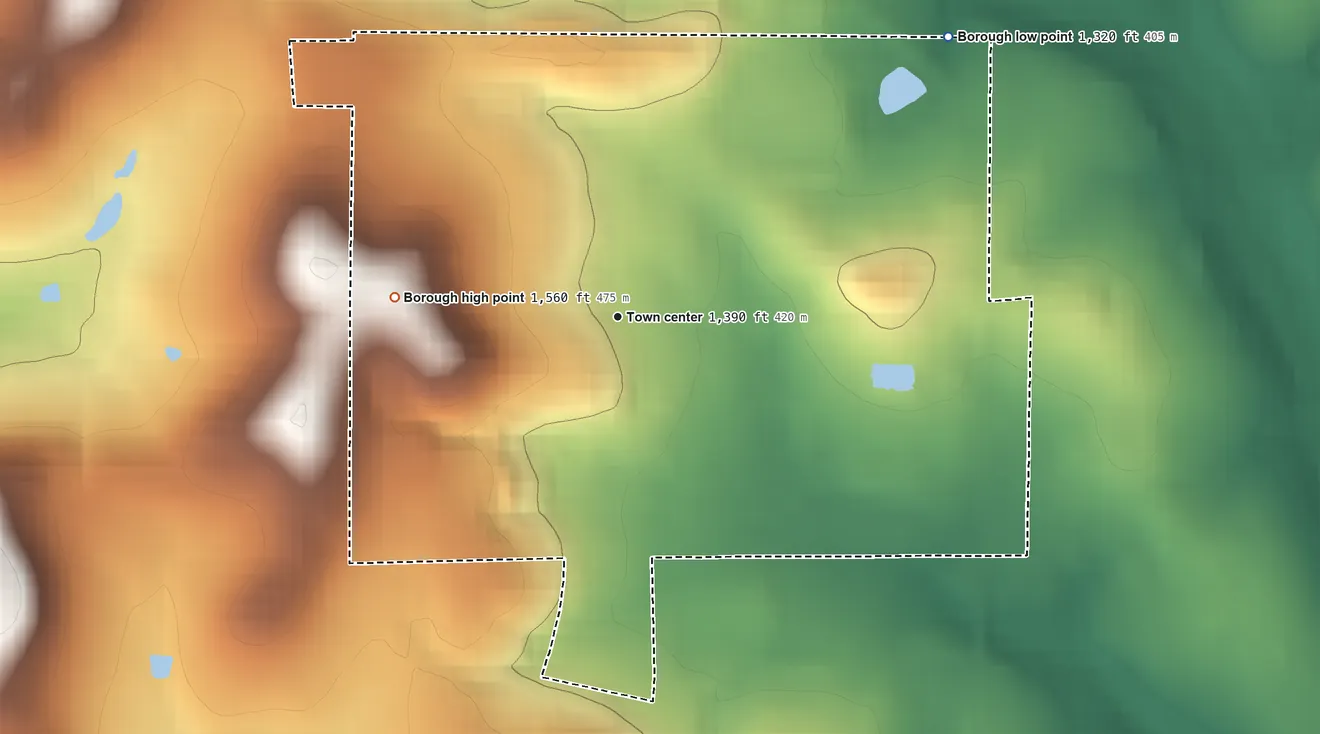 Topographic elevation map of Knox, Pennsylvania, shaded from 1,320 ft on the northeast side to 1,560 ft on the west side