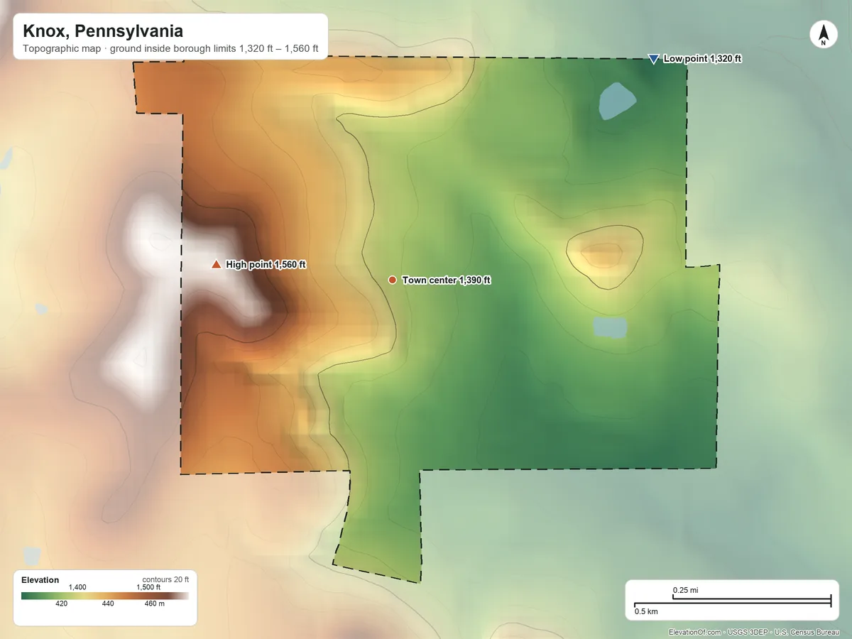 Topographic elevation map of Knox, Pennsylvania, shaded from 1,320 ft on the northeast side to 1,560 ft on the west side