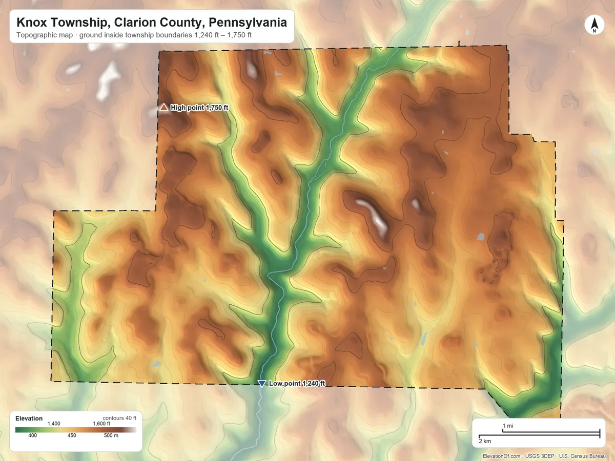 Topographic elevation map of Knox Township, Clarion County, Pennsylvania, shaded from 1,240 ft on the southwest side to 1,750 ft on the northwest side