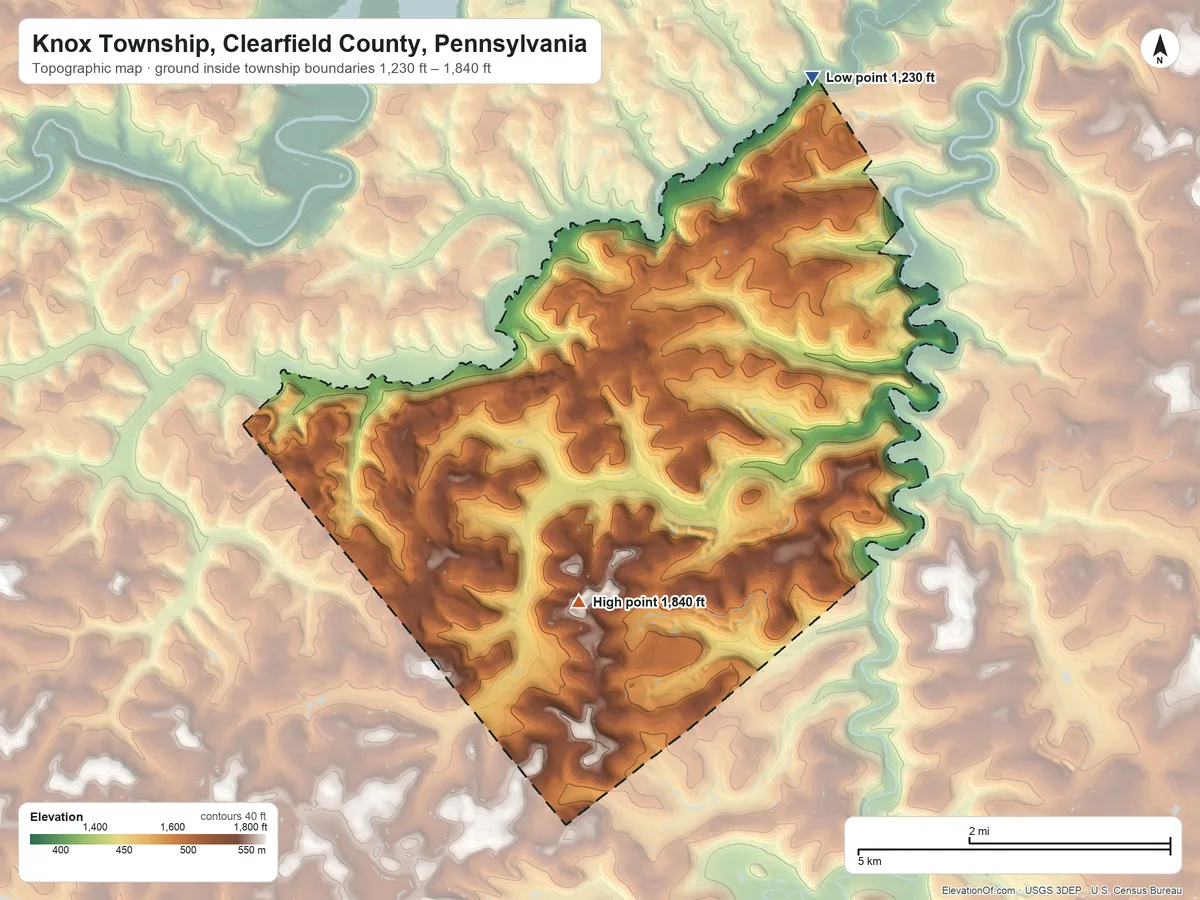 Topographic elevation map of Knox Township, Clearfield County, Pennsylvania, shaded from 1,230 ft on the northeast side to 1,840 ft on the south side