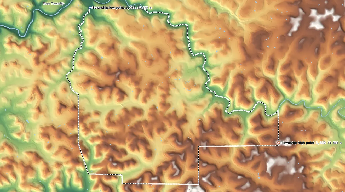 Topographic elevation map of Knox Township, Pennsylvania, shaded from 1,230 ft on the northwest side to 1,910 ft on the east side