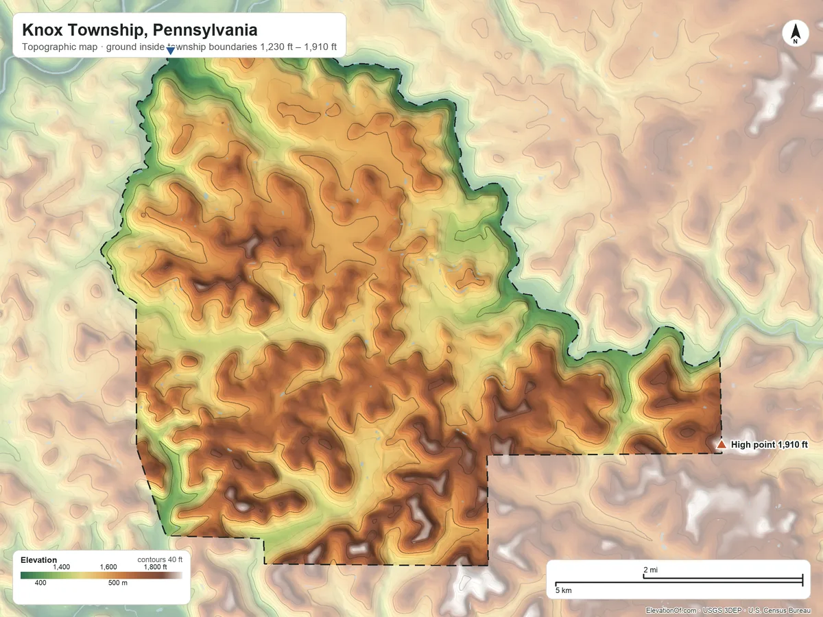 Topographic elevation map of Knox Township, Pennsylvania, shaded from 1,230 ft on the northwest side to 1,910 ft on the east side
