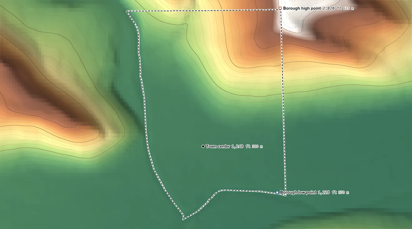 Topographic elevation map of Knoxville, Pennsylvania, shaded from 1,220 ft on the southeast side to 2,020 ft on the northeast side