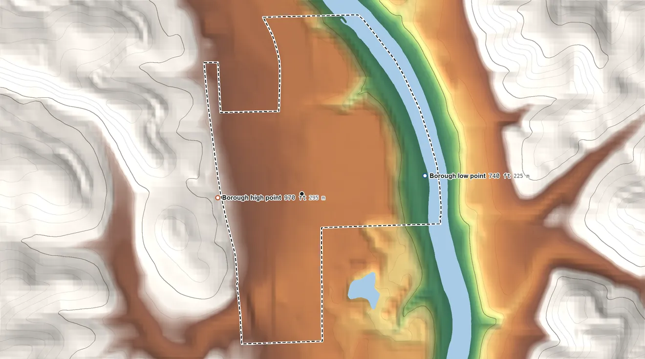 Topographic elevation map of Koppel, Pennsylvania, shaded from 740 ft on the east side to 970 ft on the west side