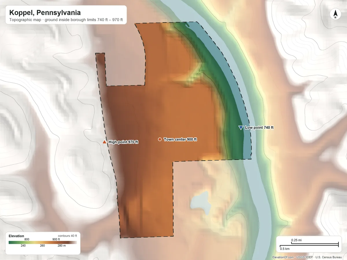 Topographic elevation map of Koppel, Pennsylvania, shaded from 740 ft on the east side to 970 ft on the west side