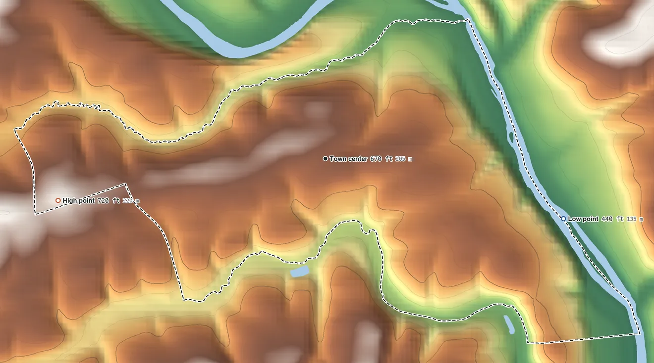 Topographic elevation map of Kratzerville, Pennsylvania, shaded from 440 ft on the east side to 720 ft on the west side