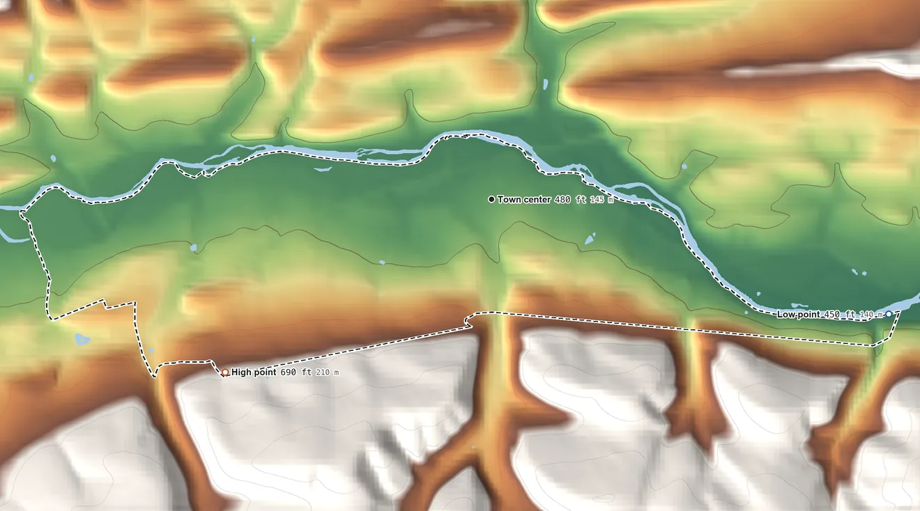 Topographic elevation map of Kreamer, Pennsylvania, shaded from 450 ft on the east side to 690 ft on the southwest edge, below higher ground just outside