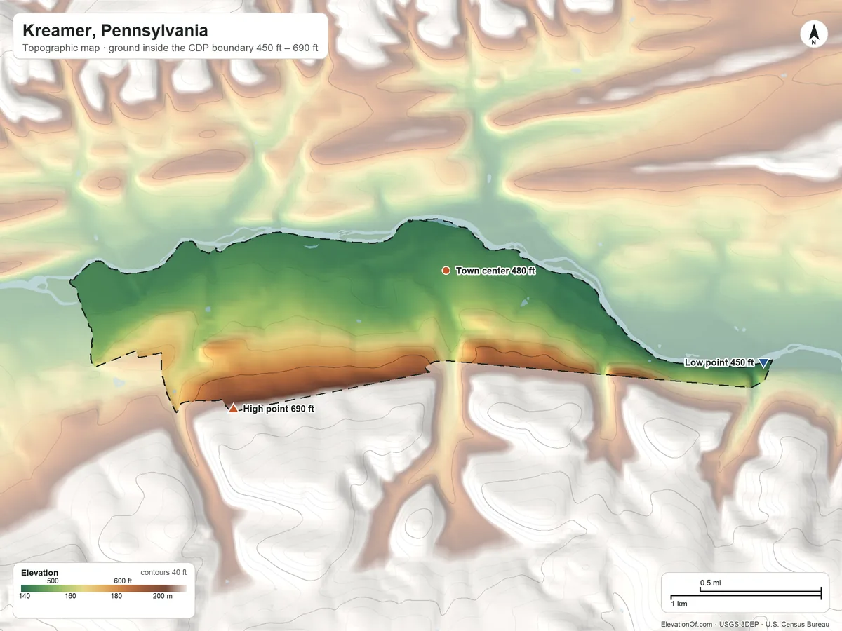 Topographic elevation map of Kreamer, Pennsylvania, shaded from 450 ft on the east side to 690 ft on the southwest edge, below higher ground just outside