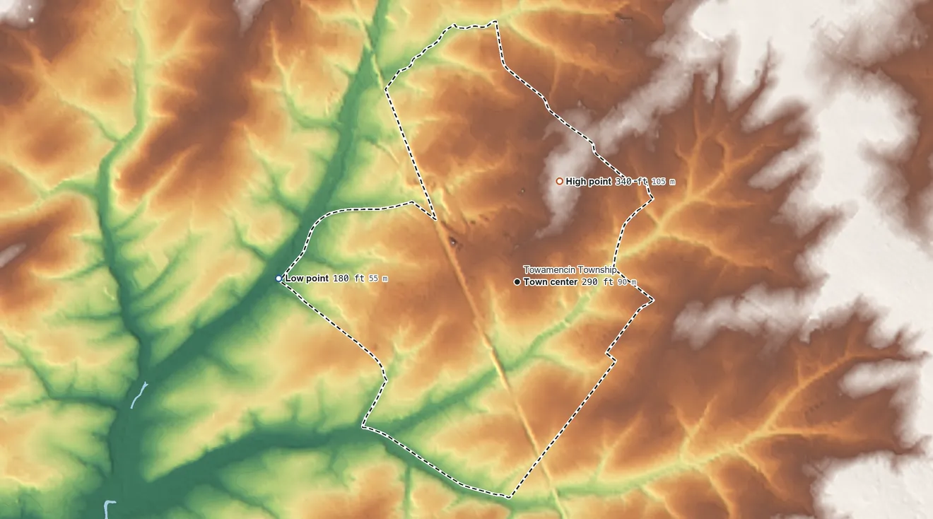 Topographic elevation map of Kulpsville, Pennsylvania, shaded from 180 ft on the west side to 340 ft on the northeast side