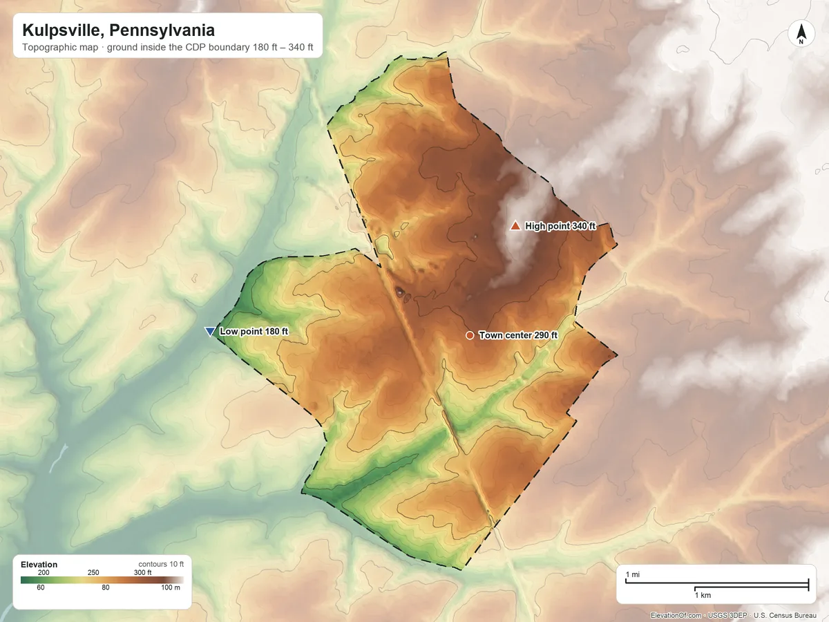 Topographic elevation map of Kulpsville, Pennsylvania, shaded from 180 ft on the west side to 340 ft on the northeast side