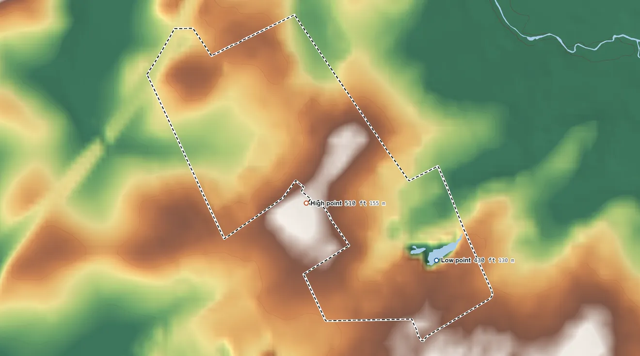 Topographic elevation map of Kutztown University, Pennsylvania, shaded from 430 ft near the middle to 510 ft on the west side