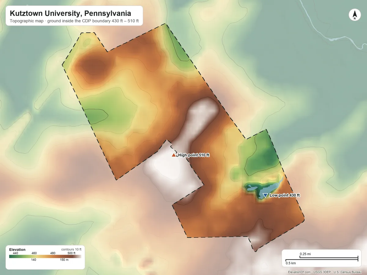 Topographic elevation map of Kutztown University, Pennsylvania, shaded from 430 ft near the middle to 510 ft on the west side