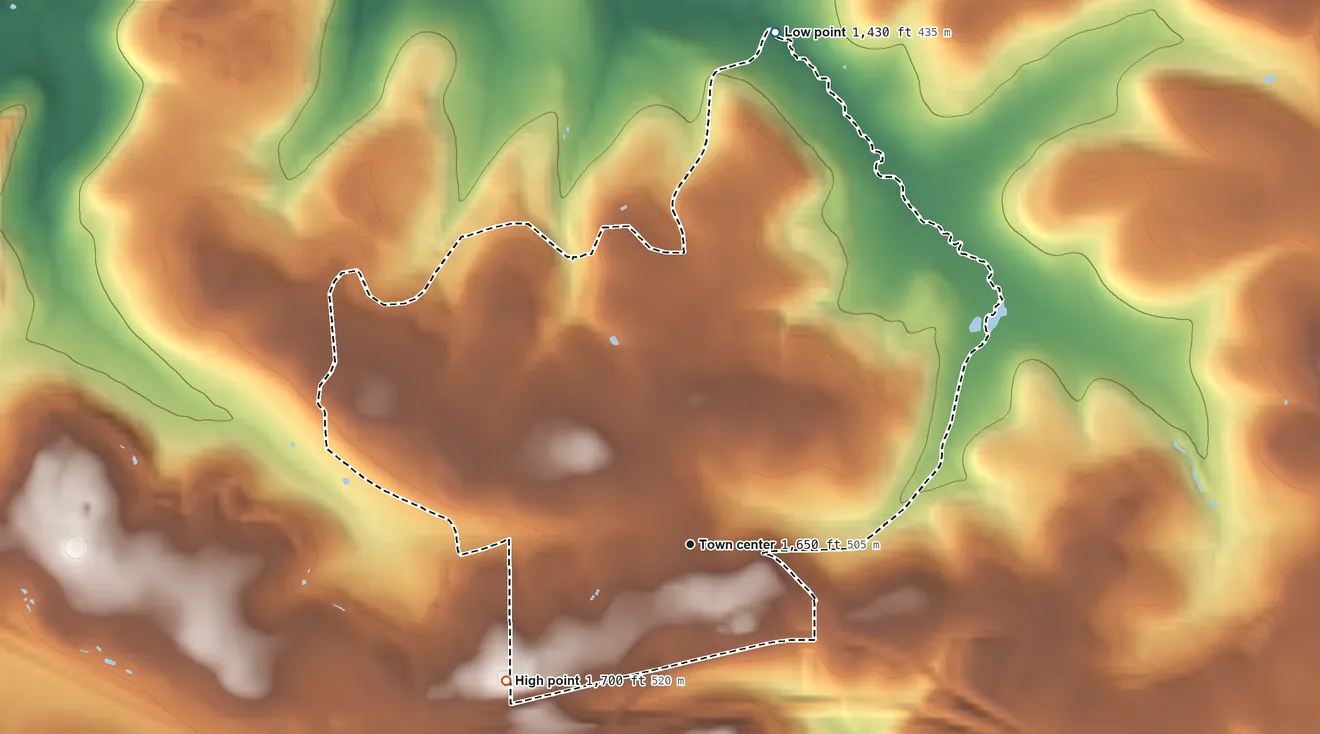 Topographic elevation map of Kylertown, Pennsylvania, shaded from 1,430 ft on the north side to 1,700 ft on the southwest side