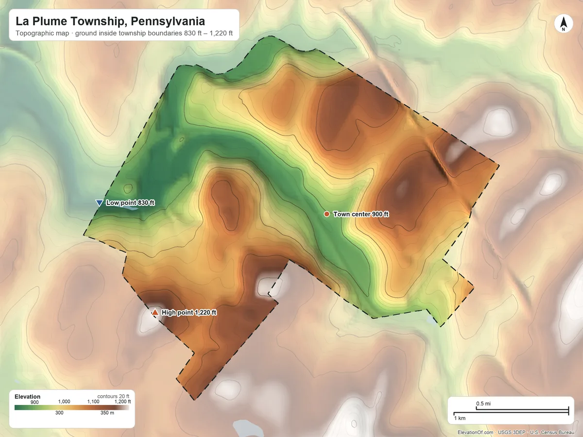Topographic elevation map of La Plume Township, Pennsylvania, shaded from 830 ft on the west side to 1,220 ft on the southwest side