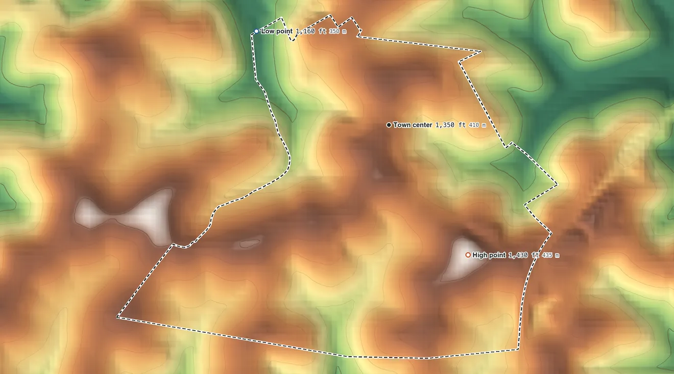 Topographic elevation map of Laboratory, Pennsylvania, shaded from 1,160 ft on the northwest side to 1,430 ft on the southeast side
