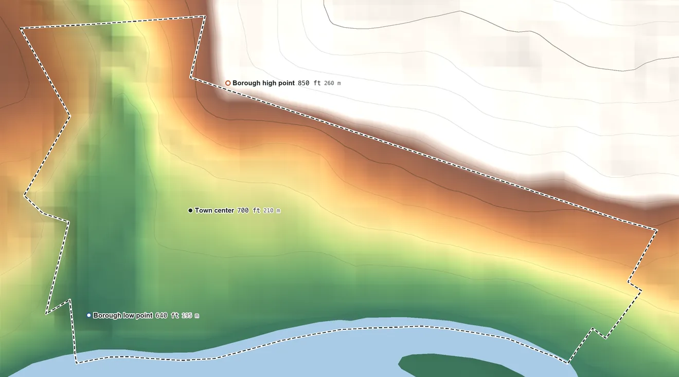 Topographic elevation map of Laceyville, Pennsylvania, shaded from 640 ft on the southwest side to 850 ft at the foot of the Endless Mountains