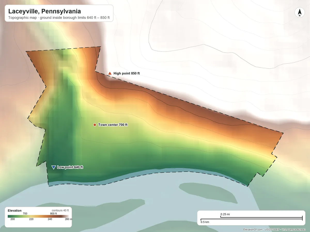Topographic elevation map of Laceyville, Pennsylvania, shaded from 640 ft on the southwest side to 850 ft at the foot of the Endless Mountains