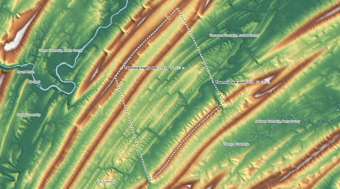 Topographic elevation map of Lack Township, Pennsylvania, shaded from 610 ft on the northeast side to 2,170 ft on the northwest side