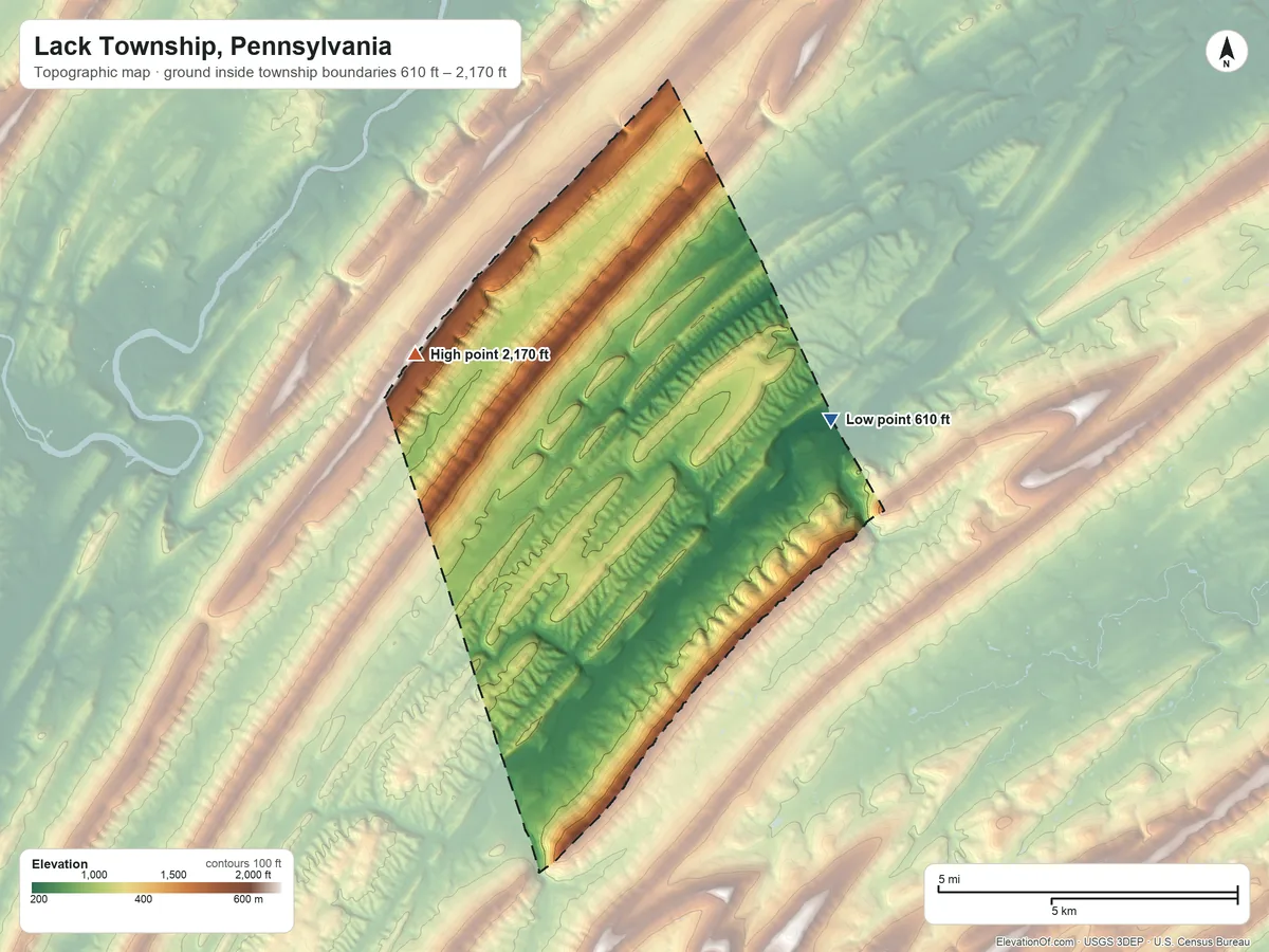 Topographic elevation map of Lack Township, Pennsylvania, shaded from 610 ft on the northeast side to 2,170 ft on the northwest side