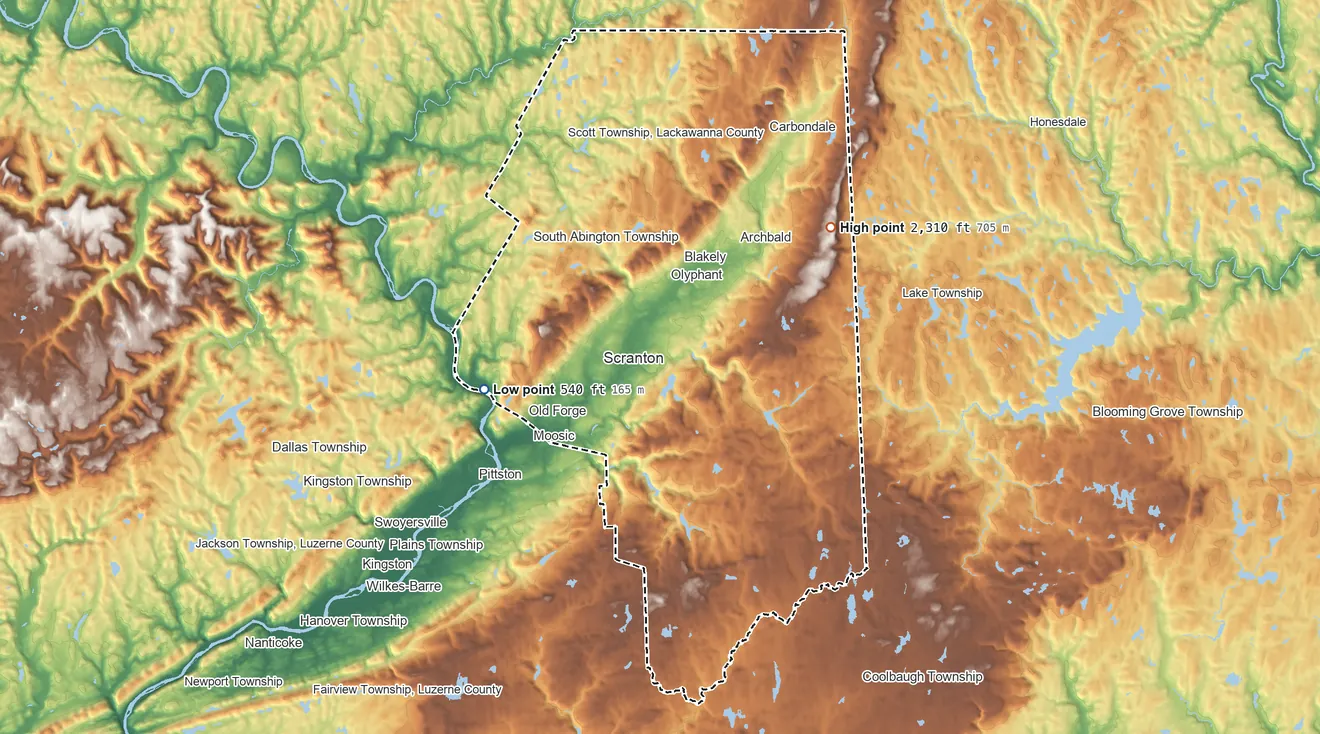 Topographic elevation map of Lackawanna County, Pennsylvania, shaded from 540 ft on the west side to 2,310 ft on the northeast side