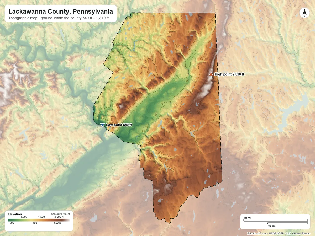 Topographic elevation map of Lackawanna County, Pennsylvania, shaded from 540 ft on the west side to 2,310 ft on the northeast side