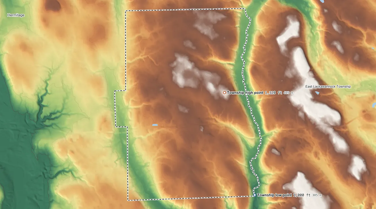 Topographic elevation map of Lackawannock Township, Pennsylvania, shaded from 1,000 ft on the southeast side to 1,320 ft on the east side