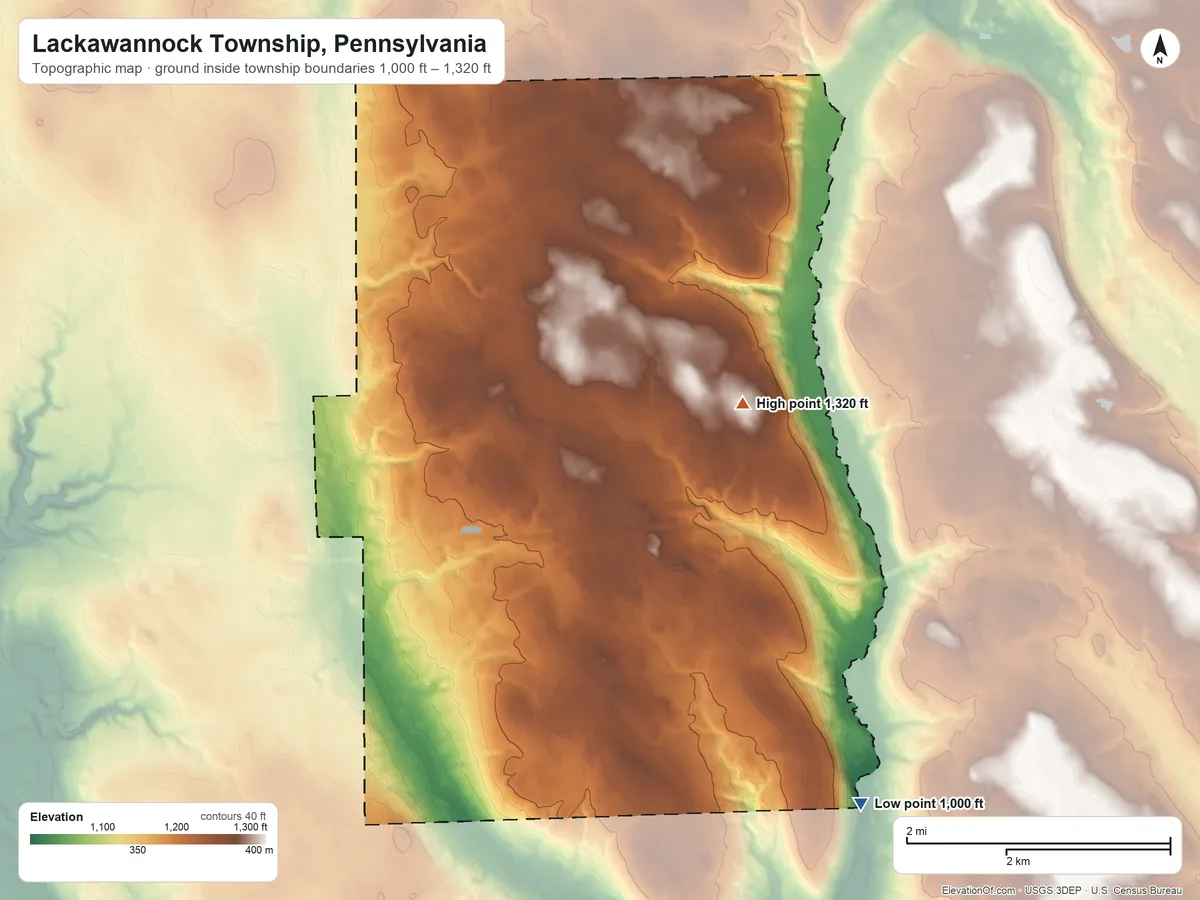 Topographic elevation map of Lackawannock Township, Pennsylvania, shaded from 1,000 ft on the southeast side to 1,320 ft on the east side