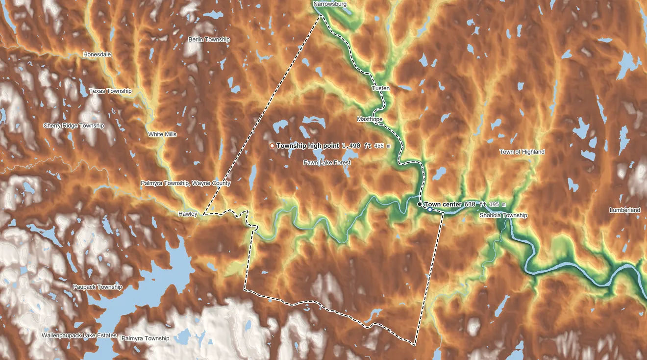 Topographic elevation map of Lackawaxen Township, Pennsylvania, shaded from 590 ft near the middle to 1,490 ft on the west side